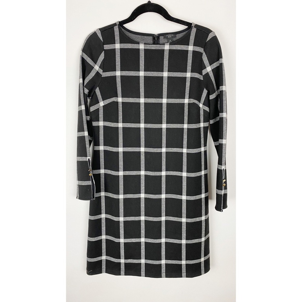 Ann Taylor Factory Windowpane Plaid LS Knit Sheath Dress Womens MP Black White